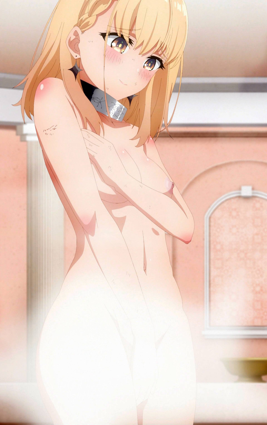 1girl absurdres bathhouse blonde_hair blush buta_no_liver_wa_kanetsu_shiro collar covering_breasts covering_crotch covering_privates earrings embarrassed highres jess_(buta_no_liver_wa_kanetsu_shiro) jewelry looking_down nipples non-web_source nude smile star_(symbol) star_earrings steam third-party_edit