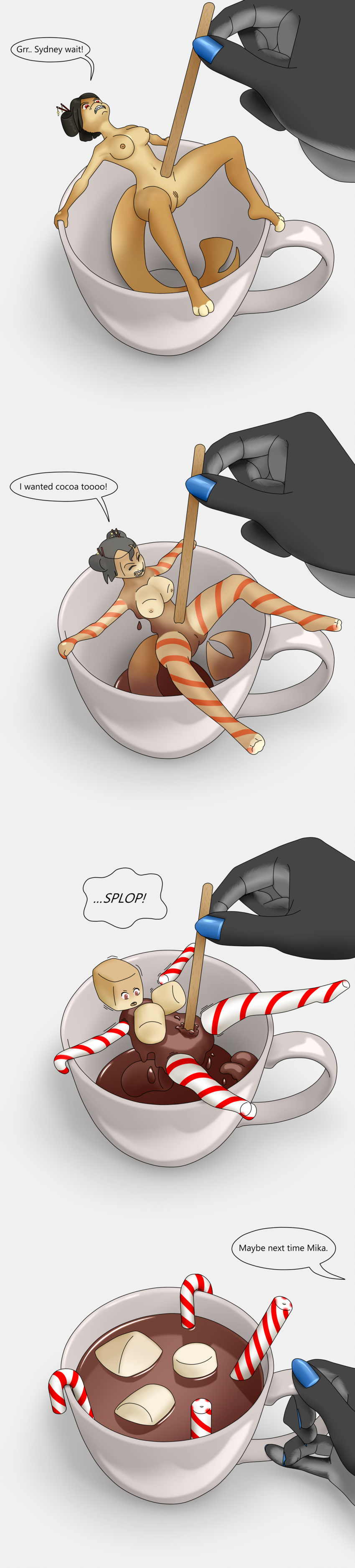 2017 absurd_res accessory anthro barefoot beverage black_body black_hair black_skin blue_nails brown_eyes candy candy_cane chocolate clenched_teeth colored_nails dessert dialogue digital_drawing_(artwork) digital_media_(artwork) donpretzel duo english_text feet female female_focus food food_transformation grey_palm hair hair_accessory hair_sticks hi_res hot_chocolate inanimate_transformation long_image marshmallow mug nails nude scalie shadow simple_background speech_bubble stirring story story_at_source story_in_description tall_image teeth text transformation transformation_sequence white_background