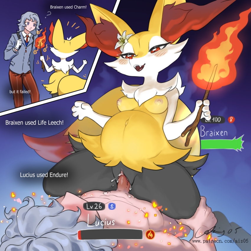 2023 ais05 anthro areola blush bodily_fluids braixen breasts canid canine clothed clothing cum cum_inside dialogue digital_media_(artwork) duo english_text female female_penetrated fire fox fur generation_6_pokemon genital_fluids genitals hair hi_res human human_on_anthro inner_ear_fluff interspecies male male/female male_penetrating male_penetrating_female mammal nintendo nipples nude open_mouth penetration penis pokemon pokemon_(species) pregnant pregnant_female pregnant_sex pussy sex simple_background smile tail text tuft vaginal vaginal_penetration white_body white_fur yellow_body yellow_fur