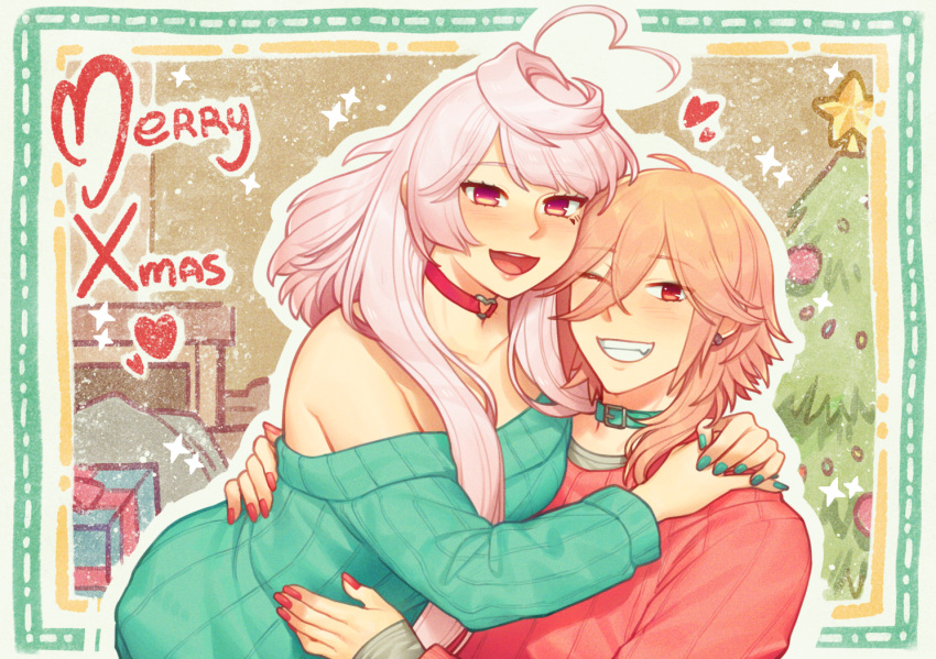 1boy 1girl :d ahoge bare_shoulders choker commentary_request green_choker green_nails green_sweater grin hiomaika long_hair long_sleeves looking_at_viewer maika_(vocaloid) merry_christmas nail_polish off-shoulder_sweater off_shoulder one_eye_closed open_mouth orange_hair pink_choker pink_eyes pink_hair smile sweater upper_body very_long_hair vocaloid yohioloid