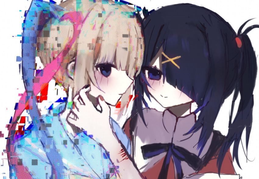 2girls 4_(nn_1_zo) ame-chan_(needy_girl_overdose) black_hair black_nails black_ribbon blonde_hair blue_eyes blue_hair blue_shirt blush chouzetsusaikawa_tenshi-chan closed_mouth collared_shirt cuts dual_persona glitch hair_ornament hair_over_one_eye hair_tie hand_on_another's_face hand_up highres injury long_hair looking_at_another looking_at_viewer multicolored_hair multicolored_nails multiple_girls neck_ribbon needy_girl_overdose pink_hair profile quad_tails red_nails red_shirt ribbon sailor_collar scar scar_on_arm self-harm self-harm_scar shirt simple_background smile twintails upper_body white_background x_hair_ornament