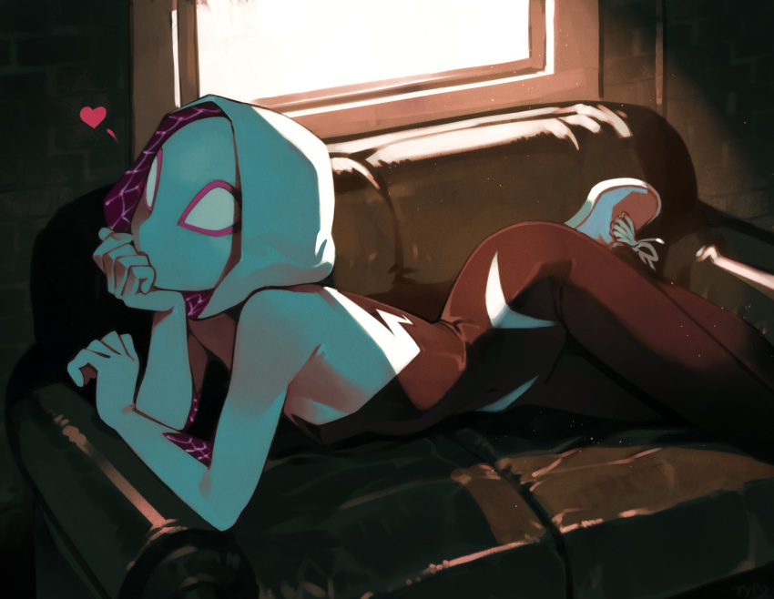 1girl bodysuit couch day hand_on_own_chin heart highres hood indoors looking_at_viewer lying marvel mask on_stomach optionaltypo shoes sneakers solo spider-gwen spider-man_(series) white_footwear