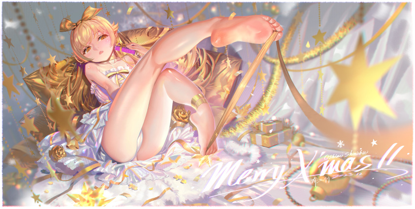 1girl alphonse_(white_datura) bare_shoulders barefoot blonde_hair bow character_name dress et feet frilled_dress frills gift hair_bow highres knees_together_feet_apart legs long_hair merry_christmas monogatari_(series) open_mouth oshino_shinobu panties ribbon soles solo star_(symbol) toes underwear white_panties yellow_eyes