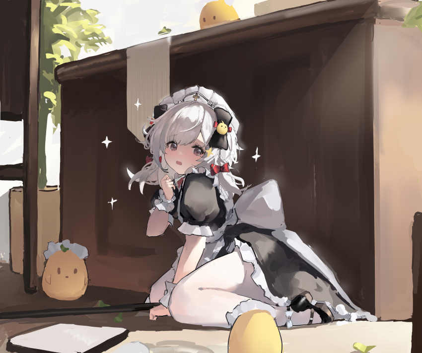 1girl absurdres alternate_costume apron azur_lane black_bow black_dress black_footwear bow dress enmaided flandre_(azur_lane) flandre_(if_love_is_a_sin_thou_art_forgiven)_(azur_lane) frilled_dress frills from_side grey_eyes grey_hair hair_bow highres looking_at_viewer lump_saury maid maid_apron maid_headdress manjuu_(azur_lane) mary_janes medium_hair official_alternate_costume on_floor pantyhose petticoat puffy_short_sleeves puffy_sleeves red_bow shoes short_sleeves sitting solo sparkle spill tearing_up white_apron white_hair white_pantyhose wrist_cuffs