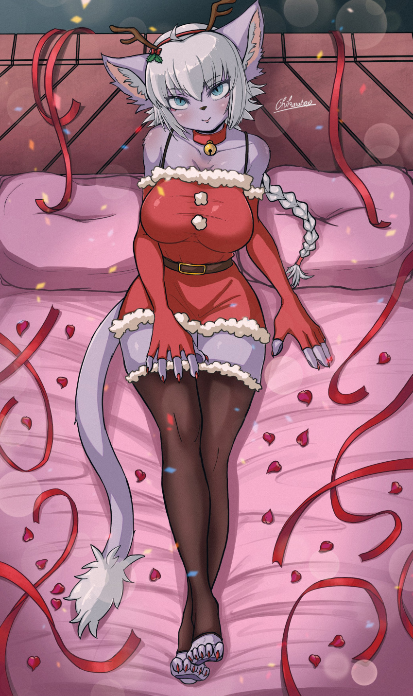 absurd_res anthro antler_headband antlers armwear bed bell bell_collar blush breasts chikarasox christmas christmas_clothing clothing collar elbow_gloves female fingerless_elbow_gloves fingerless_gloves furniture gloves handwear happy hi_res holidays horn legwear looking_at_viewer mammal mistletoe on_bed pillow plant sitting smile smiling_at_viewer solo stockings streamers