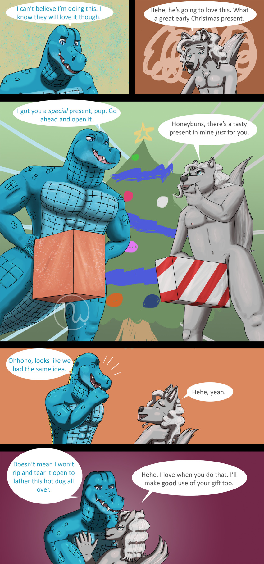 2023 4_fingers 5_fingers abs absurd_res alligatorid anthro artist_logo azrael_(tertia) azurlligator blue_body blue_eyes blue_scales bold_text box box_on_genitals bulging_neck canid canine canis christmas christmas_present christmas_tree clawed_fingers claws comic container crocodilian dialogue digital_media_(artwork) duo eyebrows eyes_closed facial_scar fangs fingers flirting fluffy fluffy_tail fur gift gift_box grey_body grey_claws grey_fur grey_lips hair half-closed_eyes hand_on_hip hand_on_pecs hand_on_snout hands_on_hips hi_res holidays inner_ear_fluff interspecies larger_male laugh lips logo long_hair long_tail low-angle_view male male/male mammal mostly_nude multicolored_body multicolored_scales muscular muscular_anthro muscular_male narrowed_eyes nathile_tiduna nervous nipples pecs pink_nipples pink_tongue plant playing_with_hair pupils reptile romantic romantic_couple scales scalie scar scutes simple_background size_difference skywater slim slit_pupils smaller_male smile smiling_at_each_other smiling_at_partner smirk smirking_at_partner speech_bubble star tail teeth thick_bottom_lip thick_tail thick_thighs tongue tree tuft wavy_hair white_hair white_inner_ear_fluff wolf yellow_scutes