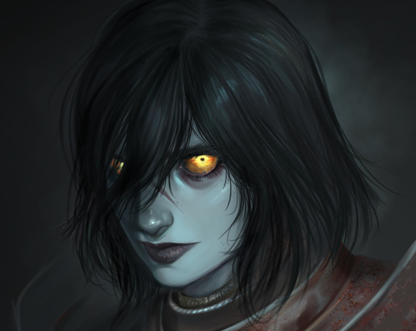 1girl armor black_hair black_lips close-up dovahcaine elden_ring eyelashes hair_over_face hair_over_one_eye highres knight light_smile medium_hair pidge_(dovahcaine) scar scar_on_face scar_on_nose shoulder_armor shoulder_plates solo tarnished_(elden_ring) yellow_eyes