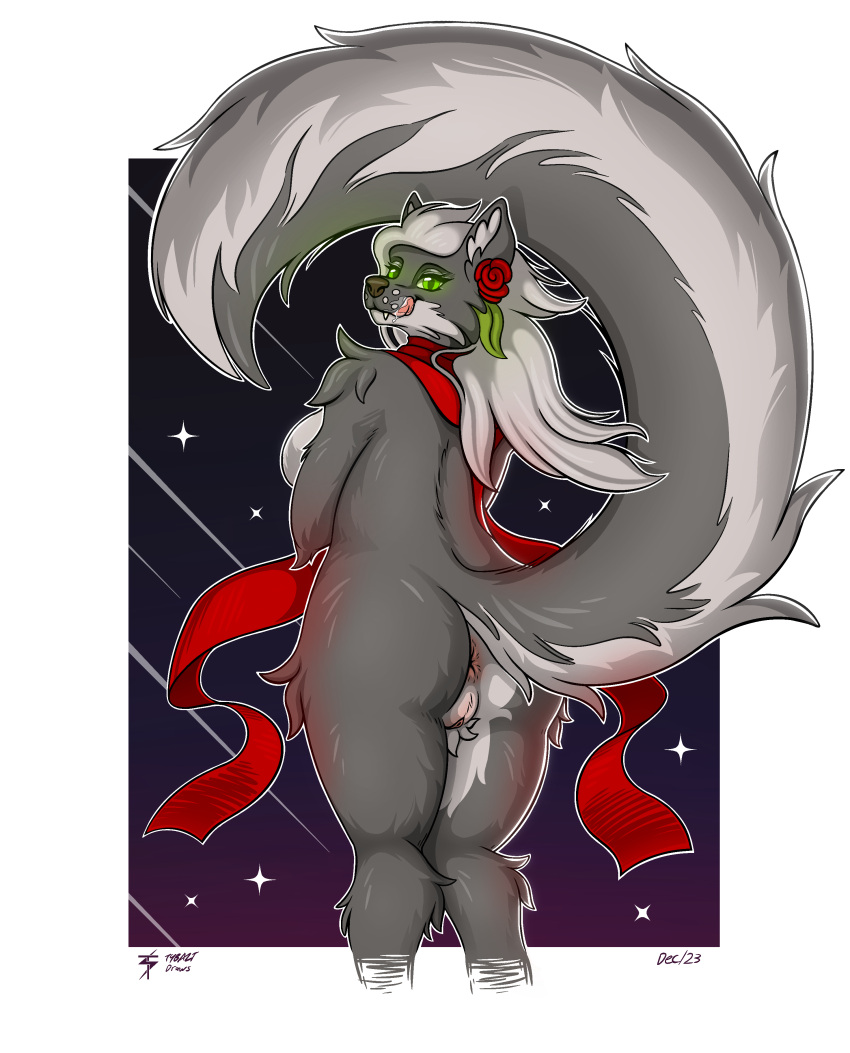 2023 absurd_res anthro anus butt canid canine canis female fluffy fluffy_tail fur genitals glowing glowing_eyes green_eyes grey_body grey_fur hi_res licking licking_lips looking_at_viewer mammal pussy scarf simple_background solo tail tongue tongue_out tybalt_draws vulpa_(tybalt_draws) wolf