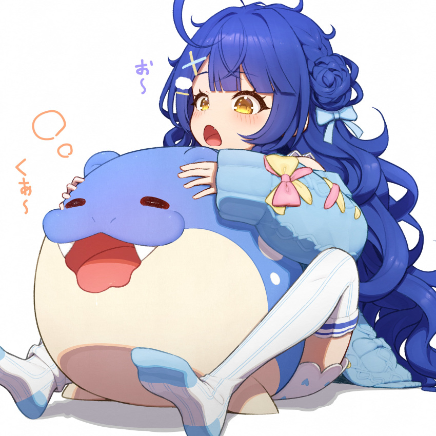 1girl absurdres ahoge amamiya_kokoro blue_cardigan blue_hair cardigan cloud_hair_ornament hair_ornament highres long_hair lunch_boxer nijisanji no_shoes open_mouth pokemon simple_background solo spheal thighhighs very_long_hair virtual_youtuber white_background white_thighhighs x_hair_ornament yellow_eyes