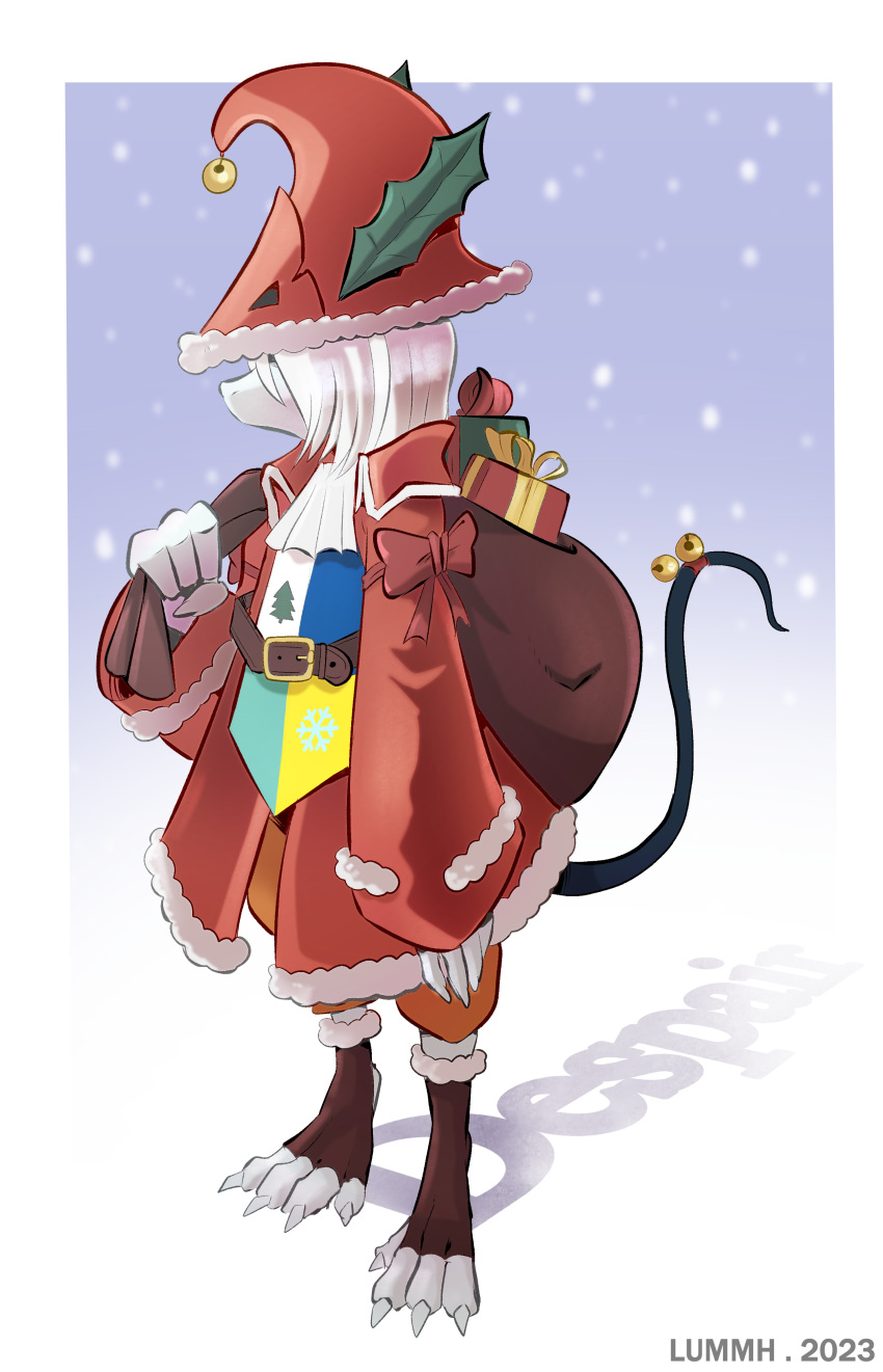 absurd_res anthro armor bag burmecian chilllum christmas christmas_clothing christmas_present clothed clothing dragoon feet female final_fantasy final_fantasy_ix freya_crescent gift hat headgear headwear hi_res holidays mammal melee_weapon murid pink_nose polearm red_clothing rodent sad solo spear square_enix toes weapon white_body