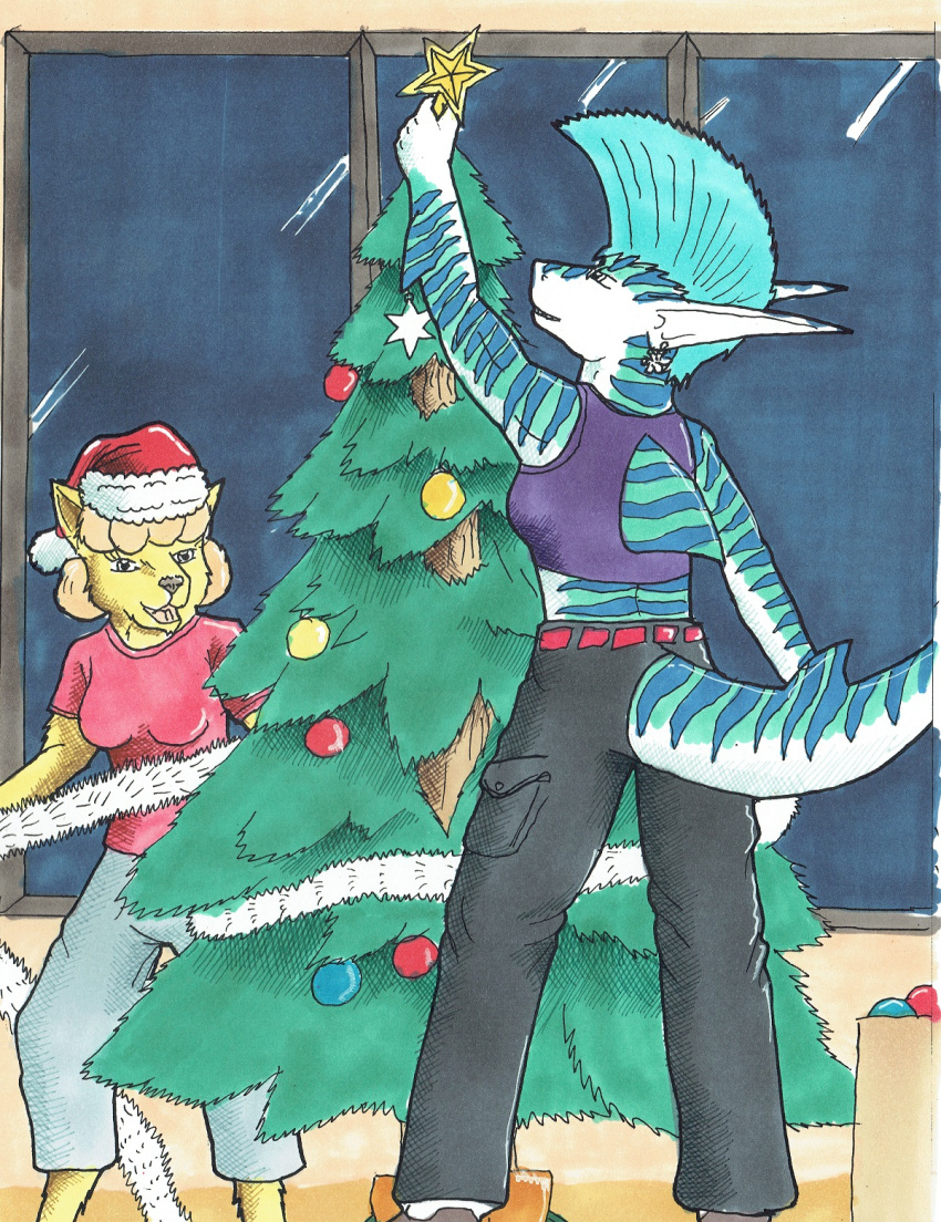 anthro canid canine christmas2023 decorationsofchristmas duo female female/female fish fox generation_1_pokemon happy hi_res ingrid mammal marine nintendo nyghtmar3 plant pokemon pokemon_(species) pokemorph roxy shark shiny_pokemon traditional_media_(artwork) tree vulpix