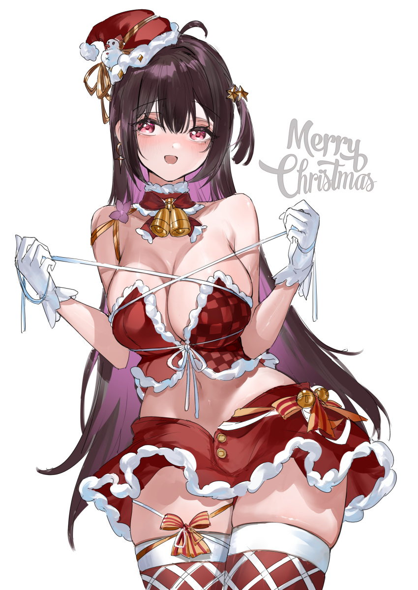 1girl absurdres ahoge bare_shoulders bell breasts brown_hair bustier christmas cleavage colored_inner_hair cowboy_shot detached_collar fur_trim hat highres horz large_breasts leaning_forward long_hair merry_christmas miniskirt multicolored_hair navel neck_bell one_side_up original purple_eyes purple_hair ribbon santa_hat simple_background skirt solo thighhighs very_long_hair white_background wide_hips zettai_ryouiki
