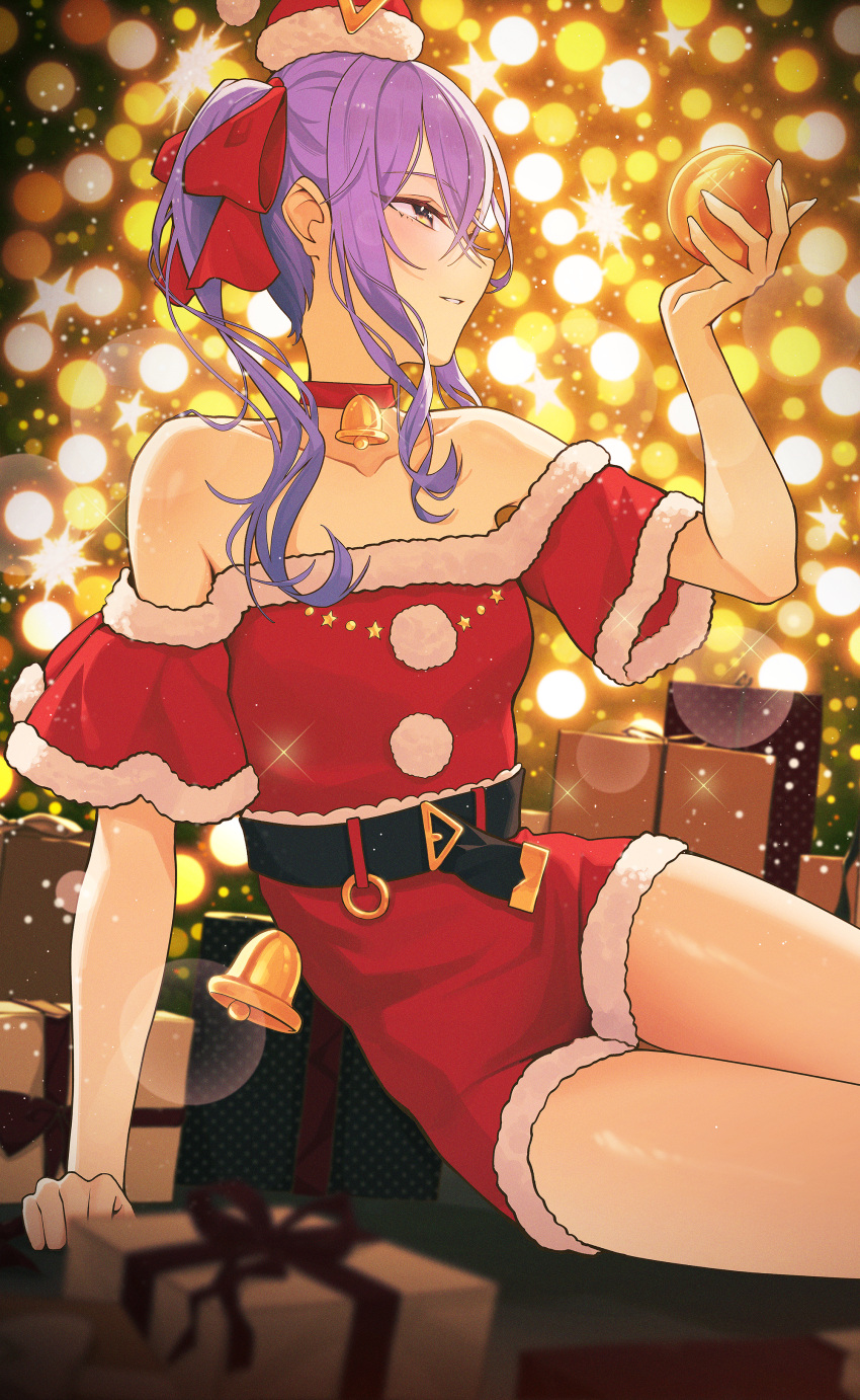 1girl absurdres arm_support bare_shoulders bell belt black_belt blue_hair choker christmas christmas_ornaments christmas_present collarbone commentary_request cropped_legs crossed_bangs dress fur-trimmed_dress fur-trimmed_headwear fur_trim gift glint hair_between_eyes hair_ribbon hat highres holding_ornament hololive hololive_english hoshimachi_suisei lens_flare long_hair mini_hat mini_santa_hat neck_bell parted_lips red_choker red_dress red_ribbon ribbon santa_costume santa_dress santa_hat side_ponytail sitting solo thigh_gap thighs virtual_youtuber yozora_(1wkdgusdn)