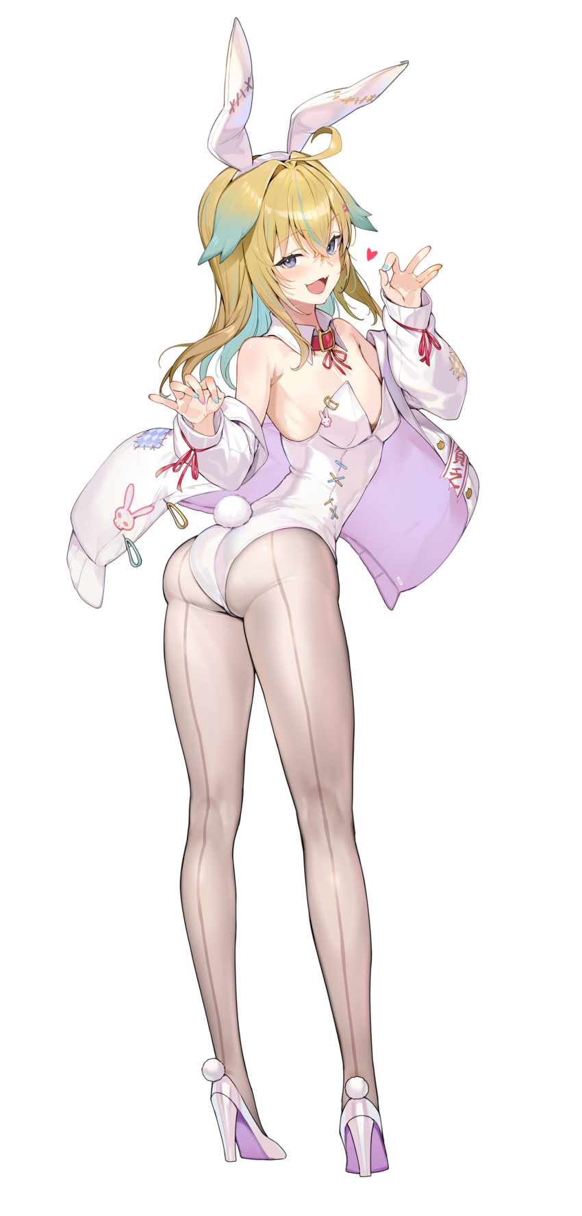 1girl :d absurdres animal_ears aqua_hair bare_shoulders blonde_hair breasts cleavage colored_inner_hair commentary_request detached_collar fake_animal_ears fake_tail from_behind full_body highres jacket kakage leotard long_hair looking_at_viewer medium_breasts multicolored_hair open_clothes open_jacket open_mouth pantyhose playboy_bunny purple_eyes rabbit_ears rabbit_tail shinsougumi shitagai_nora shoes simple_background smile solo standing tail virtual_youtuber white_background white_footwear white_jacket white_leotard white_pantyhose