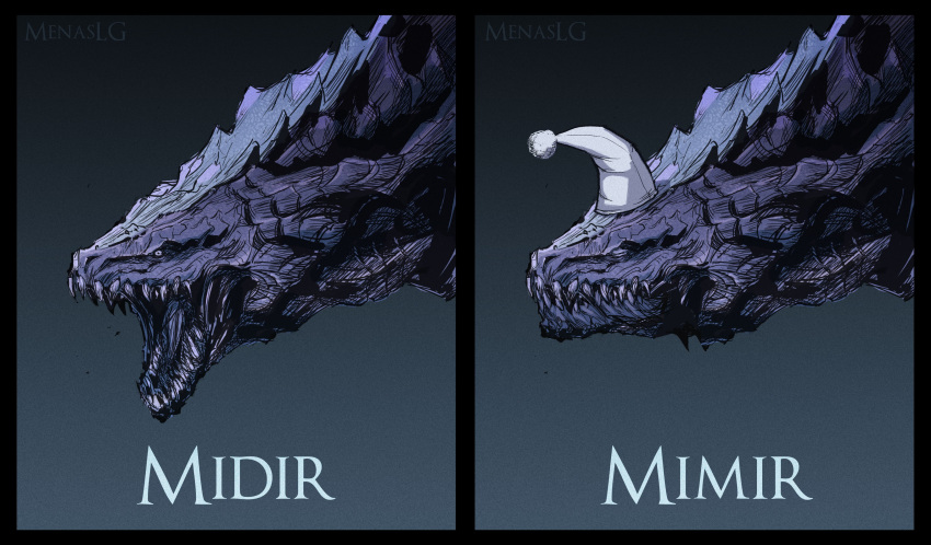 2023 absurd_res ambiguous_gender black_body black_scales dark_souls darkeater_midir digital_media_(artwork) dragon eyes_closed feral fromsoftware gradient_background grey_body grey_scales hi_res horn meme menaslg open_mouth scales scalie sharp_teeth simple_background sleeping solo teeth