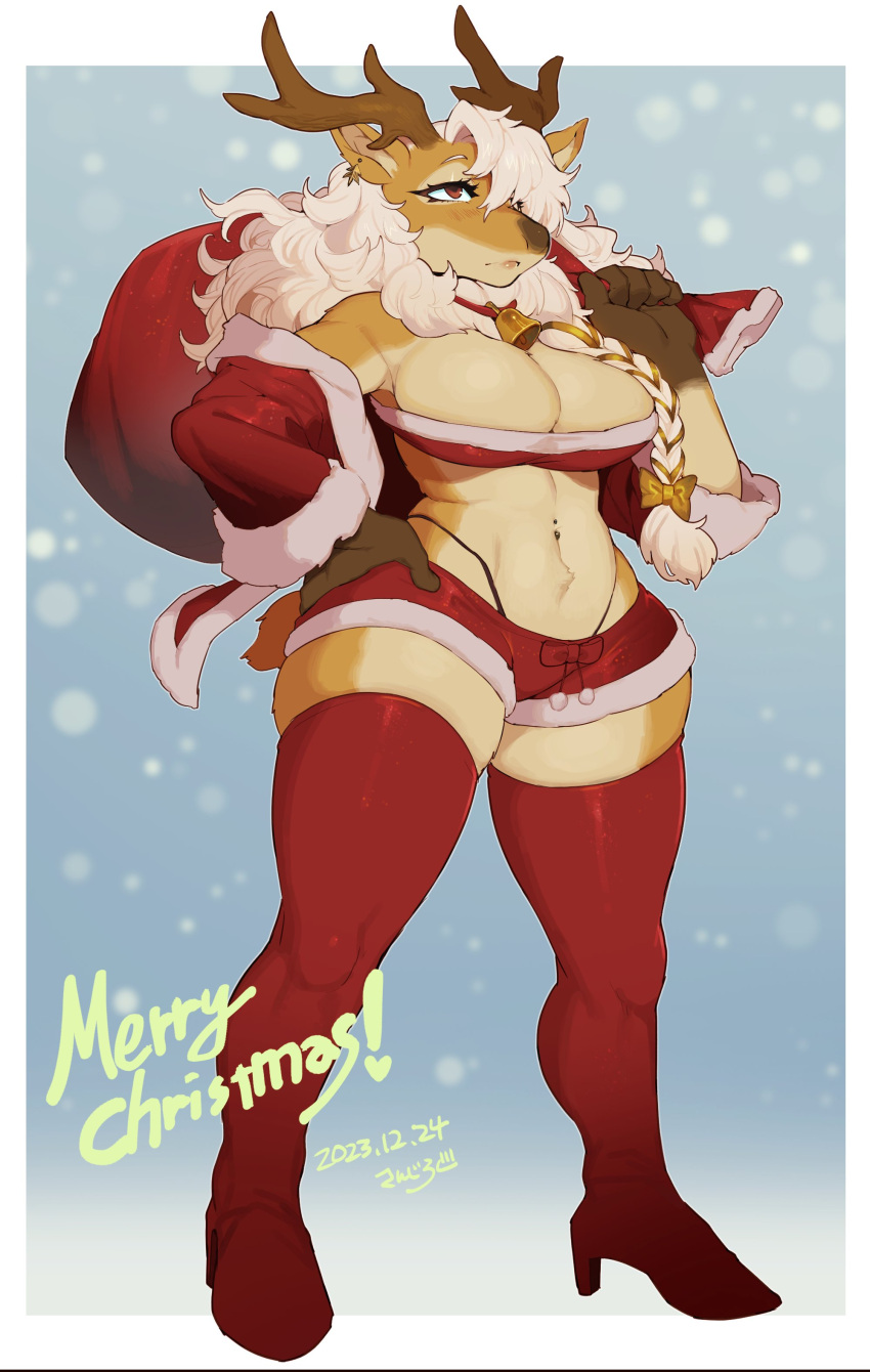 absolute_territory absurd_res anthro antlers bandeau bell bell_collar big_breasts bottomwear breasts christmas christmas_clothing clothing collar deer female fur hair hair_over_eye hi_res holidays horn hotpants kaeritai07 legwear lingerie mammal merry_christmas new_world_deer one_eye_obstructed red_clothing red_lingerie reindeer sack shorts skindentation snow snowing solo stockings tan_body tan_fur thick_thighs thigh_highs thong_straps topwear white_hair