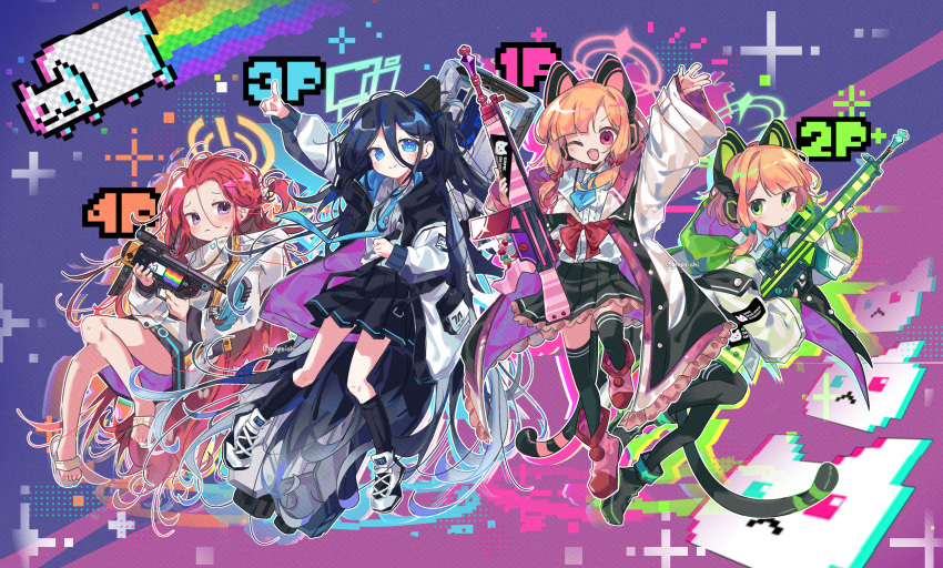 4girls ;d absurdly_long_hair absurdres animal_ear_headphones animal_ears aqua_halo aris_(blue_archive) arm_up ascot assault_rifle black_pantyhose black_skirt black_thighhighs blue_archive blue_ascot blue_hair blue_halo blue_necktie blue_skirt blunt_bangs blush bow braid cat_tail chromatic_aberration coat dark_blue_hair dress fake_animal_ears flip-flops frilled_skirt frills frown full_body game_development_department_(blue_archive) glitch grapeichi green_eyes green_halo gun hair_between_eyes hair_bow halo headphones highres holding holding_gun holding_weapon jacket kneehighs long_hair looking_at_viewer midori_(blue_archive) millennium_science_school_logo multiple_girls necktie no_nose nyan_cat one_eye_closed one_side_up open_clothes open_coat orange_hair pantyhose pigeon-toed pink_halo pixelated pleated_dress pointing pointing_up pom_pom_(clothes) power_symbol purple_background purple_eyes red_bow red_eyes red_footwear red_hair rifle ringed_eyes sandals shirt shoes siblings side_braid sisters skirt smile sneakers socks square_halo sweatdrop tail teeth thighhighs turtleneck turtleneck_jacket twins twitter_username two-tone_background upper_teeth_only very_long_hair weapon white_bow white_footwear white_jacket white_shirt yuzu_(blue_archive) zettai_ryouiki