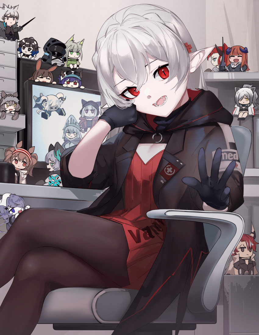 2boys 6+girls absurdres amiya_(arknights) angelina_(arknights) ao_oni_(onioni-aoi) arknights armchair bagpipe_(arknights) beeswax_(arknights) black_gloves black_jacket black_pantyhose braid ch'en_(arknights) ch'en_the_holungday_(arknights) chair character_doll chibi clothes_writing colored_skin crossed_legs crown_braid desk doctor_(arknights) drawer dress fangs fartooth_(arknights) feet_out_of_frame frostleaf_(arknights) gloves hair_between_eyes highres ho'olheyak_(arknights) honeyberry_(arknights) humus_(arknights) indoors jacket kal'tsit_(arknights) kjera_(arknights) long_sleeves looking_at_viewer monitor multiple_boys multiple_girls open_clothes open_jacket pantyhose pointy_ears red_dress red_eyes schwarz_(arknights) shelf silverash_(arknights) sitting slit_pupils solo_focus toddifons_(arknights) warfarin_(arknights) whisperain_(arknights) white_hair white_skin