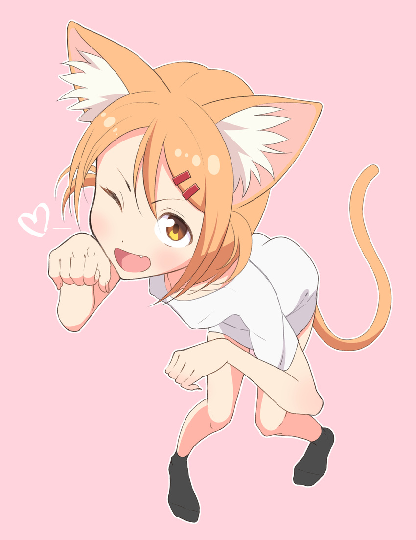 animal_ears bad_id bad_pixiv_id blush cat_ears cat_tail fang full_body hair_ornament hairclip haruharu55 highres maa_(nyanko_days) nyanko_days older one_eye_closed open_mouth orange_hair paw_pose short_hair solo tail