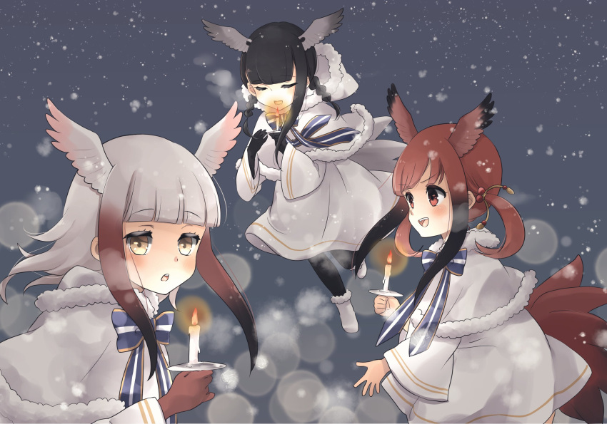 3girls alternate_costume bird_girl bird_tail bird_wings black-headed_ibis_(kemono_friends) black_gloves black_hair blue_bow blue_bowtie blunt_bangs bow bowtie braid candle capelet christmas closed_eyes dress fur_trim gloves gradient_hair head_wings highres hood hood_down japanese_crested_ibis_(kemono_friends) kemono_friends kuromitsu_(9633_kmfr) matching_outfits multicolored_hair multiple_girls open_mouth red_eyes red_gloves red_hair scarlet_ibis_(kemono_friends) short_hair_with_long_locks short_twintails sidelocks smile snow tail twin_braids twintails two-tone_bowtie white_bow white_bowtie white_capelet white_dress white_fur white_hair wings yellow_eyes