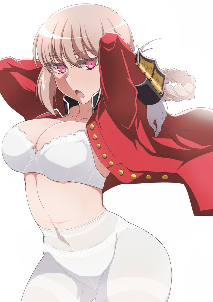 arms_up bra braid breasts buttons cleavage crotch_seam fate/grand_order fate_(series) florence_nightingale_(fate/grand_order) gloves highres kurosawa_shouichi long_hair looking_at_viewer medium_breasts military military_uniform open_clothes open_mouth panties panties_under_pantyhose pantyhose pink_hair red_eyes simple_background solo thighband_pantyhose underwear uniform white_background white_bra white_gloves white_legwear