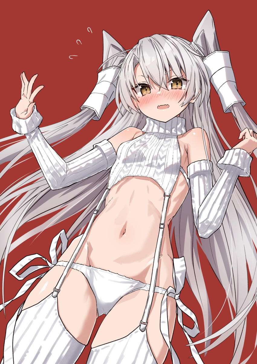 1girl alternate_costume amatsukaze_(kancolle) breasts brown_eyes commentary_request garter_straps highres kantai_collection long_hair looking_at_viewer meme_attire navel panties red_background simple_background small_breasts solo stomach sweater takanashi_kei_(hitsujikan) underwear very_long_hair virgin_destroyer_sweater white_garter_straps white_hair white_panties white_sweater