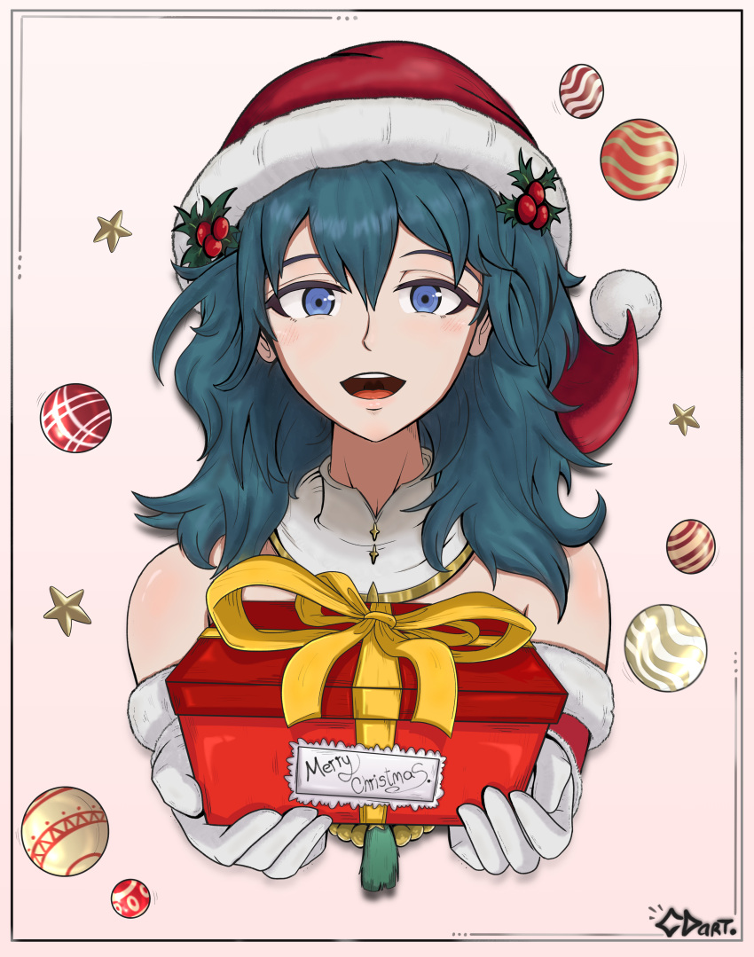 1girl 2023 absurdres anime_screencap art artwork byleth_(female)_(fire_emblem) byleth_(female)_(frosty_professor)_(fire_emblem) byleth_(fire_emblem) christmas fire_emblem fire_emblem:_three_houses fire_emblem_heroes gift green_hair hat highres merry_christmas nintendo nintendo_switch official_alternate_costume santa_hat solo video_game