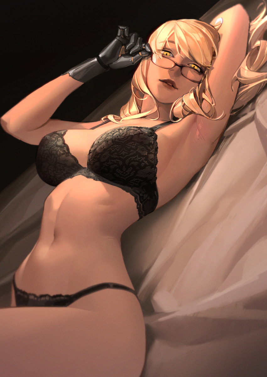 1girl absurdres adjusting_eyewear alma_armas arm_behind_head armpits bare_arms bare_shoulders black_background black_bra black_panties blonde_hair bra breasts breasts_apart collarbone english_commentary glasses highres knee_up lace-trimmed_bra lace-trimmed_panties lace_trim large_breasts limart lingerie lips long_hair looking_at_viewer lying mechanical_hands navel on_back on_bed panties parted_lips prosthesis prosthetic_hand red-framed_eyewear red_lips simple_background solo swept_bangs underwear underwear_only va-11_hall-a yellow_eyes