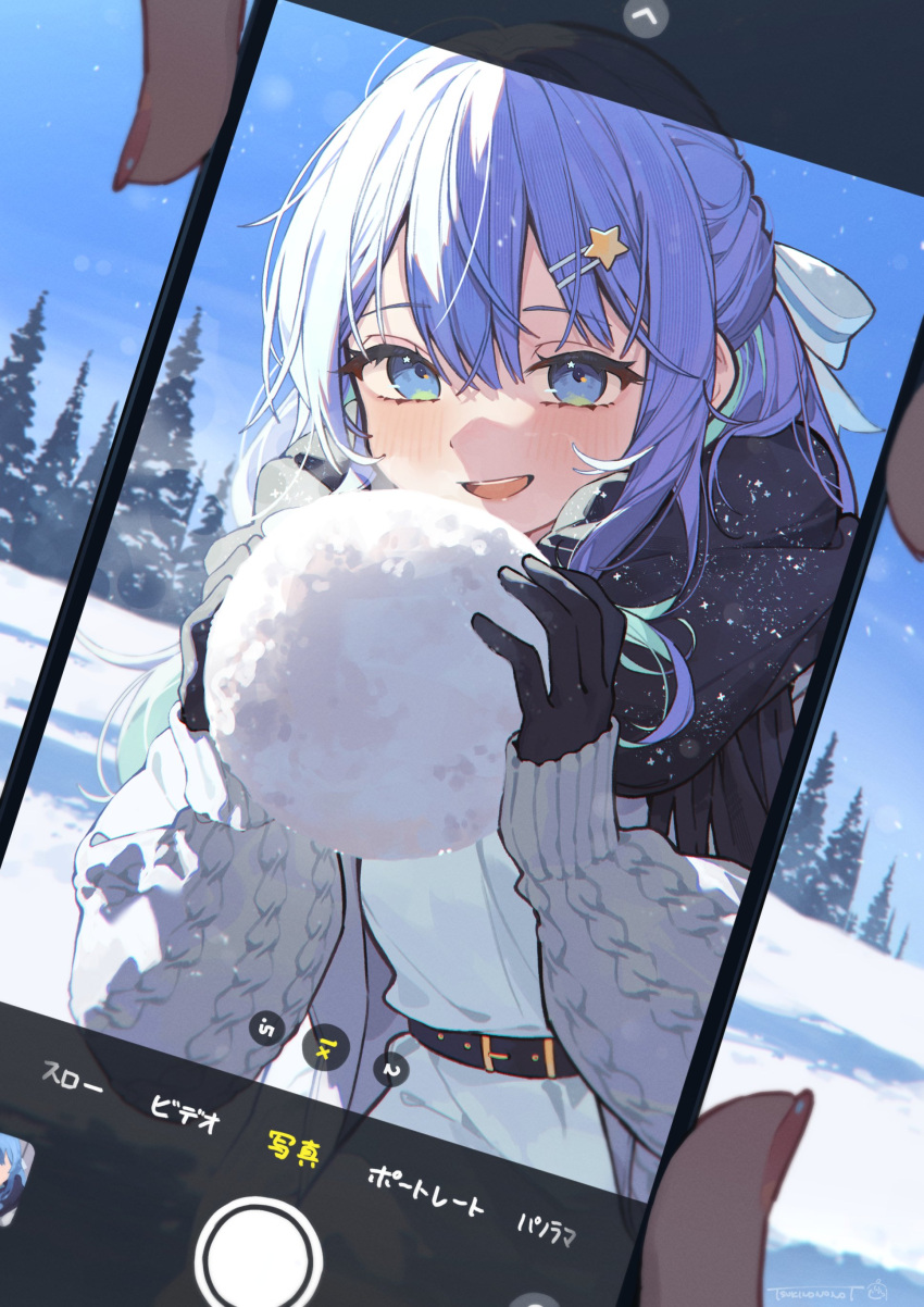 1girl absurdres belt black_gloves black_scarf blue_eyes blue_hair bow cellphone coat dress dutch_angle gloves hair_between_eyes hair_bow hair_ornament hairclip half_updo highres holding hololive hoshimachi_suisei light_blush long_hair looking_at_viewer nail_polish open_mouth outdoors phone pink_nails pov scarf signature smartphone smile snow snowball solo teeth tree tsukino_(nakajimaseiki) upper_teeth_only virtual_youtuber white_bow white_coat white_dress