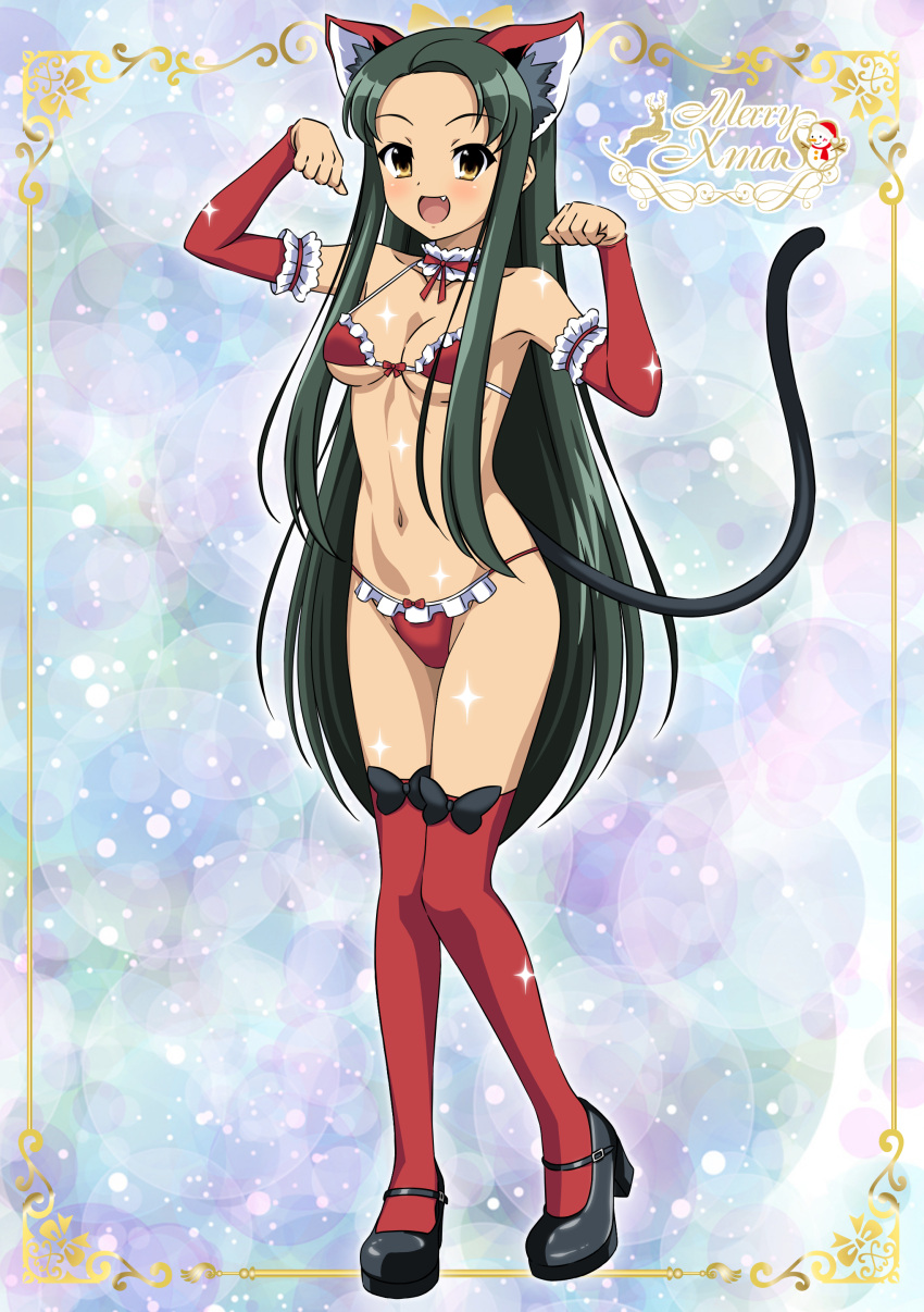 1girl :d absurdres animal_ears armband bikini black_bow black_footwear black_ribbon bow bow_legwear breasts cat_ears cat_tail collar commentary_request detached_sleeves fang forehead frilled_armband frilled_bikini frilled_collar frilled_sleeves frills full_body green_hair grey_background gurobeya highres long_hair looking_at_viewer medium_breasts open_mouth paw_pose red_bikini red_sleeves red_thighhighs ribbon simple_background smile solo suzumiya_haruhi_no_yuuutsu swimsuit tail thighhighs tsuruya very_long_hair
