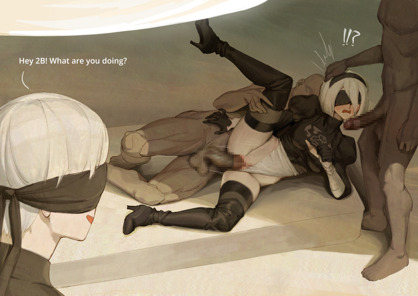!? 1girl 2b_(nier:automata) 3boys 9s_(nier:automata) ^^^ artist_name black_blindfold black_footwear black_hairband blindfold blush boots censored clothed_female_nude_male clothing_aside commentary covered_eyes english_commentary english_text erection faceless faceless_male group_sex hairband hetero highres holding_another's_leg juliet_sleeves leg_up leotard leotard_aside long_sleeves lying mmf_threesome mosaic_censoring multiple_boys nier:automata nier_(series) nude on_side puffy_sleeves sex short_hair skindentation thigh_boots thighhighs threesome vaginal white_hair white_leotard wjs07