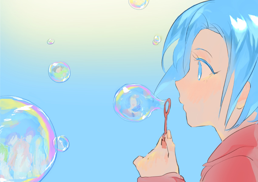 1girl absurdres blue_eyes blue_hair bubble bubble_blowing bubble_wand colored_eyelashes commentary_request enomoto_kazue enomoto_noa from_side hatsutori_hajime highres holding isoi_rai jacket long_sleeves red_jacket saibou_shinkyoku short_hair solo_focus theodore_riddle utsugi_noriyuki yunshang_renjian