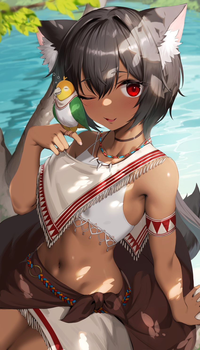 1girl ;) absurdres animal_ear_fluff animal_ears bare_shoulders bikini bird bird_on_hand black_hair blush dark-skinned_female dark_skin day hair_between_eyes highres jewelry long_hair looking_at_viewer mathew_(srmmk_mce) navel necklace one_eye_closed original outdoors red_eyes sarong sitting smile solo swimsuit tail tooth_necklace water white_bikini