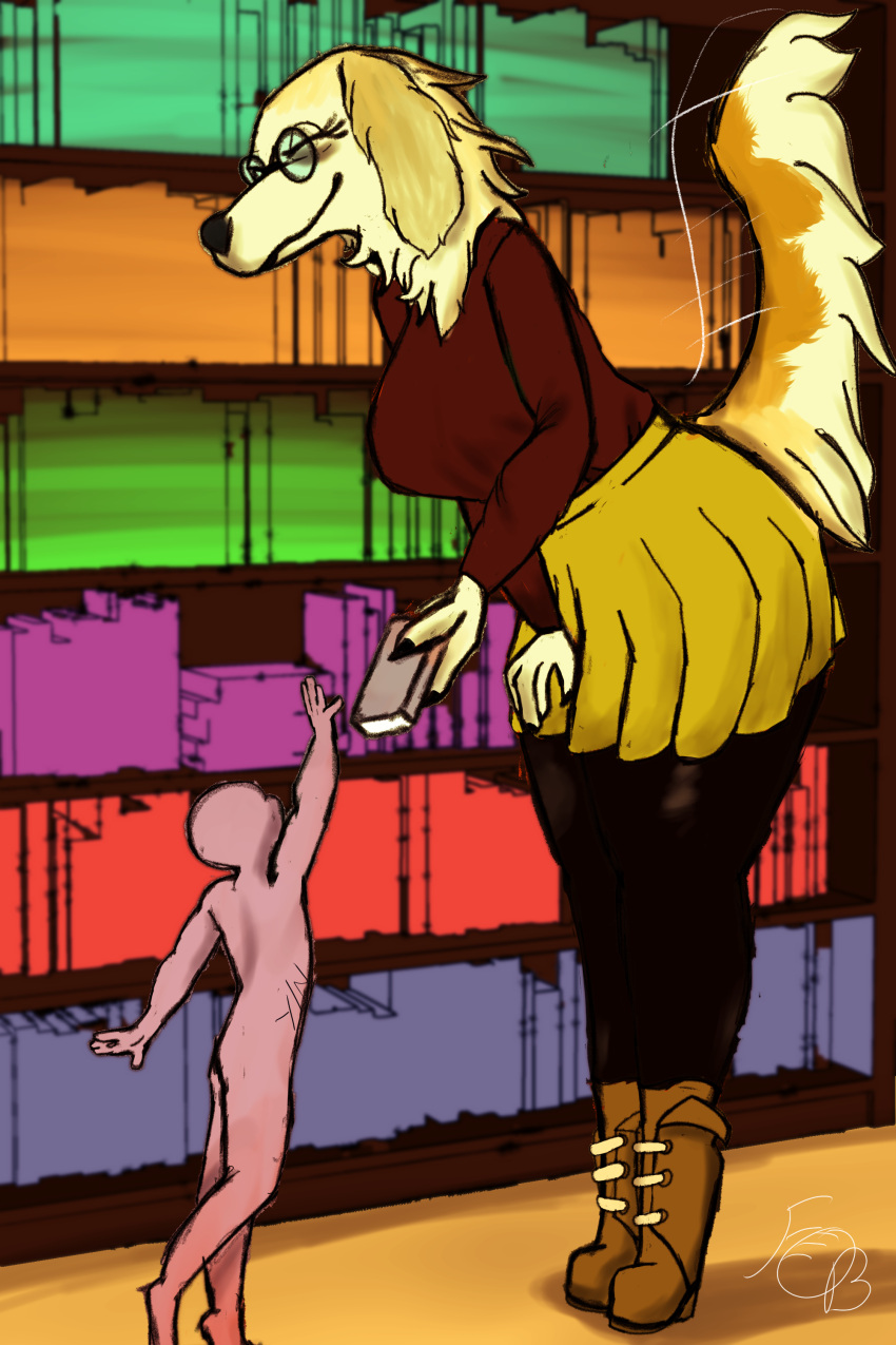 absurd_res anthro book borzoi bottomwear breasts canid canine canis claws clothed clothing digitigrade domestic_dog duo eyewear female fluffy fluffy_tail footwear frenchybaguette fully_clothed fur glasses hi_res hunting_dog larger_female leaning leaning_forward legwear librarian library male mammal multicolored_body multicolored_fur neck_tuft sighthound size_difference skirt smile stockings tail tail_motion tailwag topwear tuft two_tone_body two_tone_fur yellow_bottomwear yellow_clothing