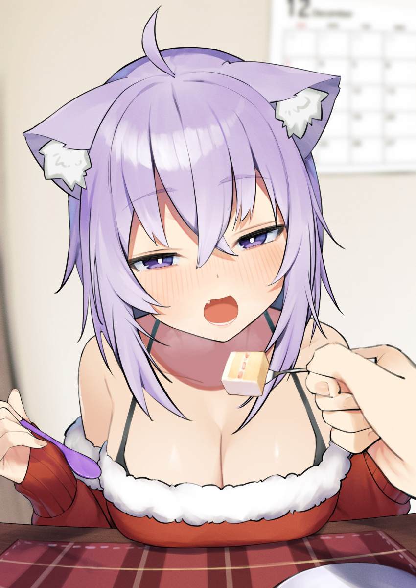 1girl absurdres akuto_(akuto_desu) animal_ear_fluff animal_ears blush breast_rest breasts breasts_on_table cake cat_ears cat_girl cleavage commentary dress fang food fur-trimmed_dress fur_trim highres holding holding_spoon hololive large_breasts looking_at_viewer medium_hair nekomata_okayu open_mouth purple_eyes purple_hair red_dress santa_dress solo spoon tablecloth virtual_youtuber