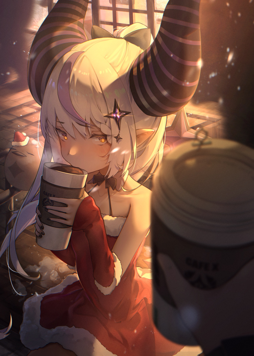 1girl 1other arm_warmers bird black_horns christmas cirkus coffee_cup crow_(la+_darknesss) cup demon_horns disposable_cup dress fur-trimmed_dress fur_trim grey_hair hat highres hololive horns la+_darknesss long_hair looking_at_viewer multicolored_hair pointy_ears purple_hair purple_horns santa_hat solo_focus streaked_hair striped_horns virtual_youtuber yellow_eyes