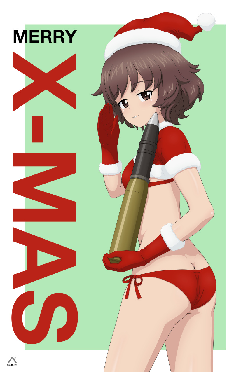 1girl absurdres acrux akiyama_yukari artist_logo ass bikini blush brown_eyes brown_hair butt_crack capelet christmas commentary cowboy_shot dated english_commentary english_text from_side fur-trimmed_capelet fur_trim girls_und_panzer gloves green_background half-closed_eyes hat highres holding light_smile looking_at_viewer looking_back merry_christmas messy_hair parted_lips red_bikini red_capelet red_gloves red_headwear salute santa_gloves santa_hat short_hair side-tie_bikini_bottom solo standing swimsuit tank_shell
