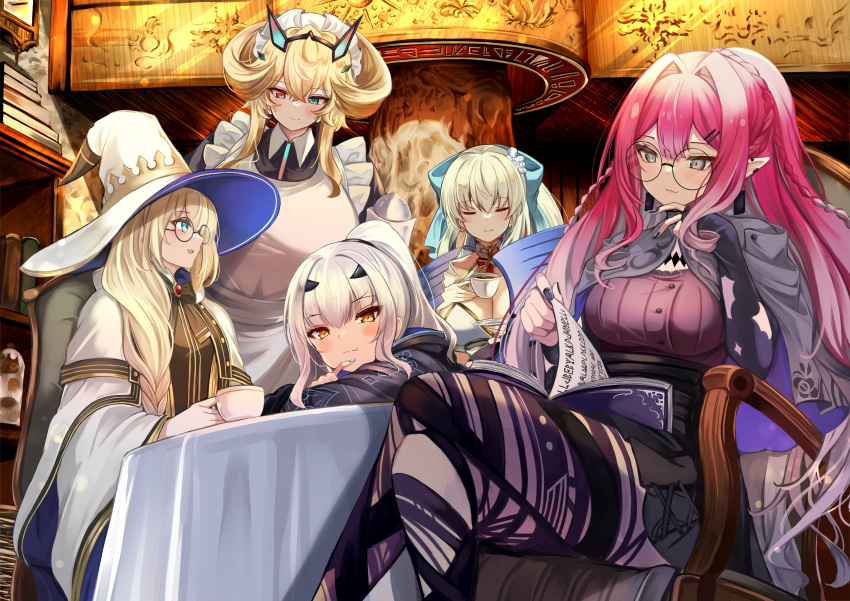 5girls absurdres apron baobhan_sith_(swimsuit_pretender)_(fate) baobhan_sith_(swimsuit_pretender)_(second_ascension)_(fate) barghest_(swimsuit_archer)_(second_ascension)_(fate) bikini black_dress black_sleeves blonde_hair blue_bow blue_eyes book book_stack bow braid breasts capelet cleavage cloak collared_dress crossed_legs crown_braid cup dress ear_piercing fate/grand_order fate_(series) fingerless_gloves flower forked_eyebrows french_braid glasses gloves gold_trim green_eyes grey_capelet grey_eyes hair_bow hair_flower hair_ornament hairpin hat heterochromia high_ponytail highres holding holding_cup hooded_shrug huge_breasts low-braided_long_hair maid maid_apron maid_headdress melusine_(swimsuit_ruler)_(fate) melusine_(swimsuit_ruler)_(first_ascension)_(fate) morgan_le_fay_(water_princess)_(fate) multiple_girls nail_polish piercing pointy_ears ponytail print_leggings reading red_brooch red_eyes red_hair robe round_eyewear shibakame side_braid swimsuit table tablecloth teacup tonelico_(fate) tonelico_(first_ascension)_(fate) white_apron white_bikini white_cloak white_robe white_swimsuit wide_brim witch_hat yellow_eyes