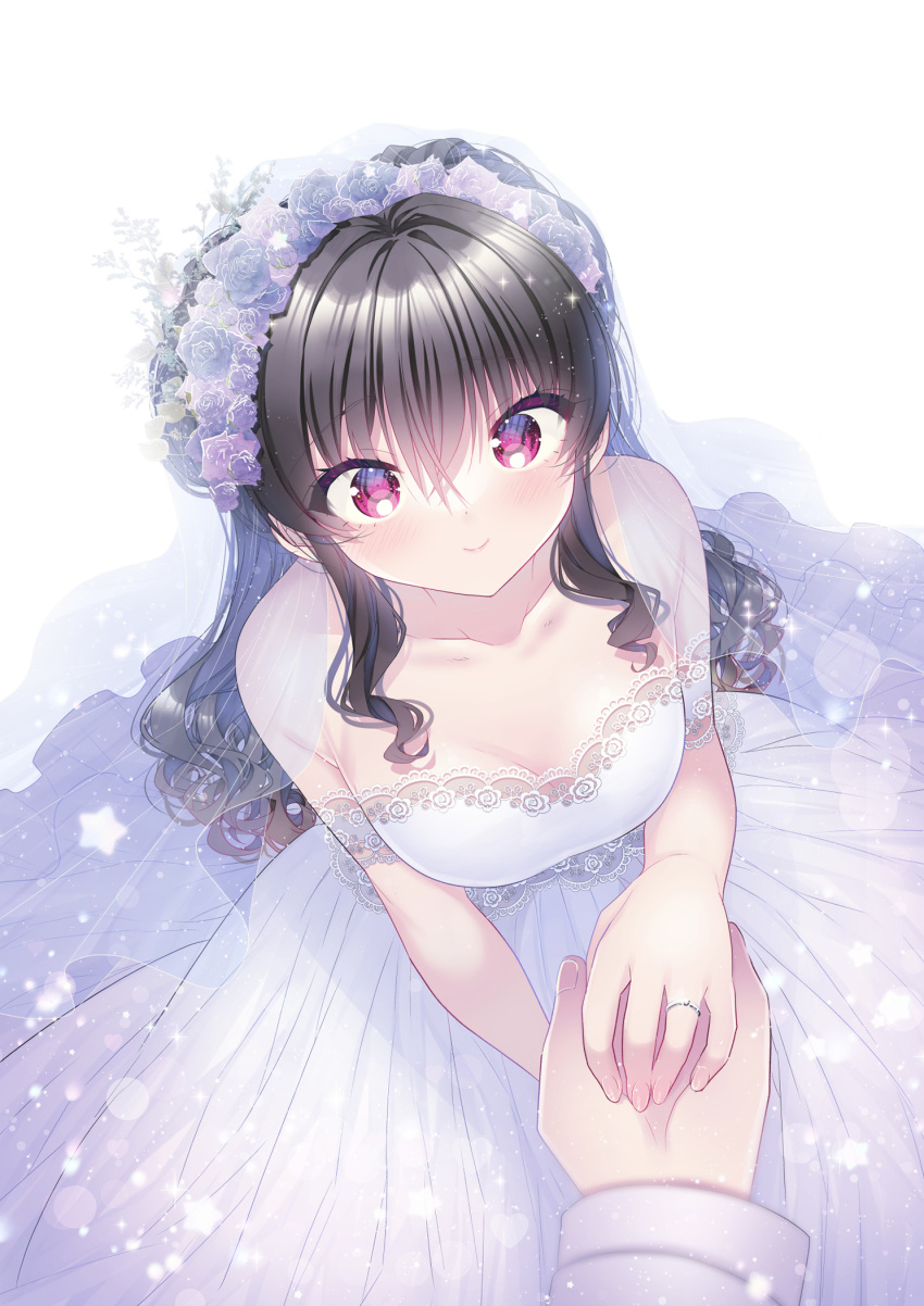 1boy 1girl armpit_crease bare_shoulders black_hair blue_flower blue_rose blush breasts bridal_veil cleavage closed_mouth collarbone commentary crossed_bangs dress eyelashes eyes_visible_through_hair fingernails flower flower_wreath from_above hair_between_eyes hano_haruka happy head_wreath highres holding_hands jewelry light_particles lips long_dress long_hair looking_at_viewer medium_breasts off-shoulder_dress off_shoulder original pink_eyes pov pov_hands purple_flower purple_rose ring rose sidelocks simple_background smile solo_focus sparkle star_(symbol) strapless strapless_dress upturned_eyes veil wavy_hair wedding wedding_dress wedding_ring white_background white_dress