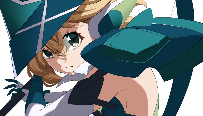 1girl absurdres akatsuki_kirika armor bodysuit breasts closed_mouth elbow_gloves gloves green_bodysuit green_eyes green_headwear headgear highres holding holding_scythe light_brown_hair looking_at_viewer medium_hair nyanmaru scythe senki_zesshou_symphogear shoulder_armor sideboob solo