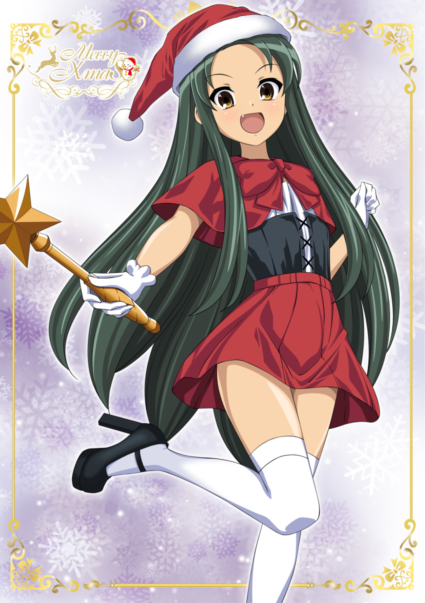 1girl :d absurdres black_corset black_footwear brown_eyes commentary_request corset fang gloves green_hair gurobeya halloween happy_halloween hat high_heels highres holding holding_wand leg_up long_hair looking_at_viewer open_mouth red_headwear red_skirt santa_hat short_sleeves skirt smile solo suzumiya_haruhi_no_yuuutsu thighhighs tsuruya very_long_hair wand white_gloves white_thighhighs
