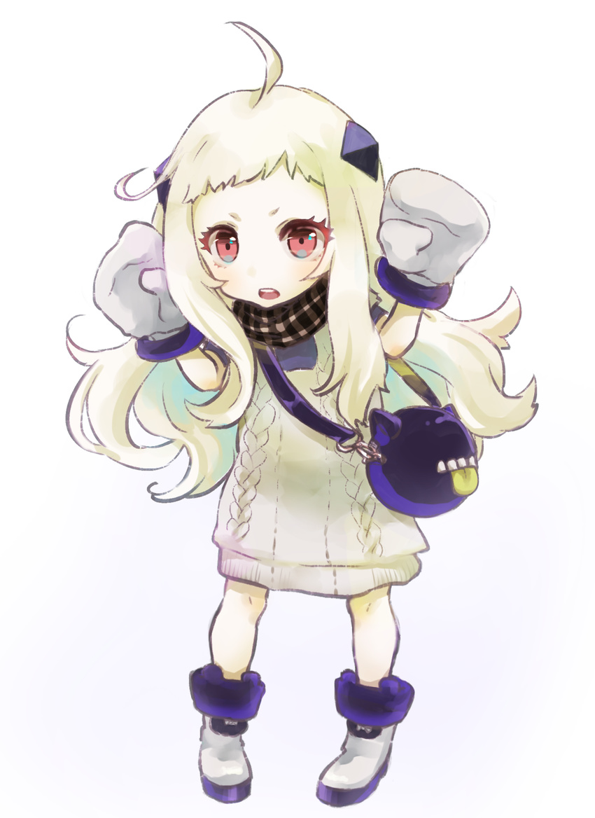 :p ahoge alternate_costume arms_up bag checkered checkered_scarf enemy_aircraft_(kantai_collection) handbag highres horns kantai_collection long_hair looking_at_viewer mittens monster northern_ocean_hime nuno_(pppompon) open_mouth pale_skin red_eyes scarf shinkaisei-kan solo sweater tongue tongue_out white_hair