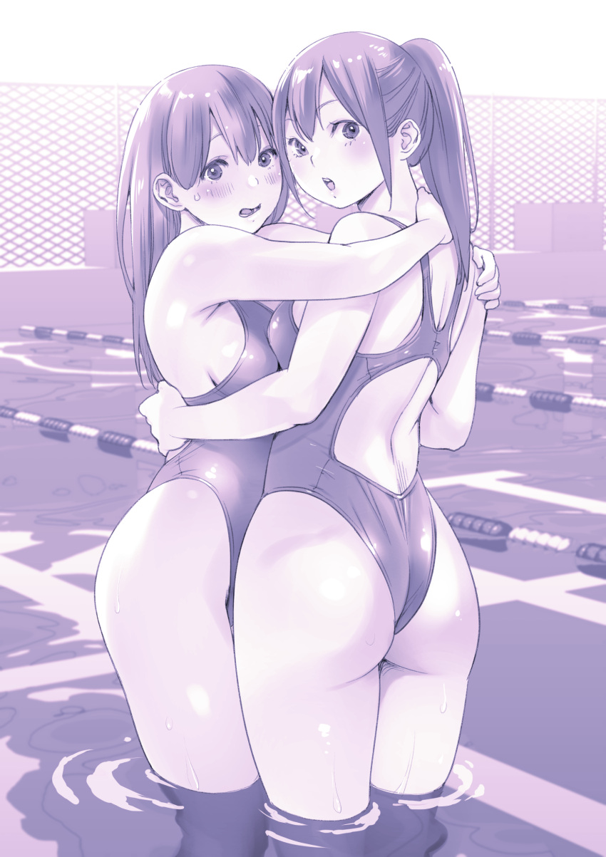 2girls absurdres ass asymmetrical_docking backless_swimsuit breast_press chain-link_fence commentary_request competition_swimsuit fence hand_on_another's_back hand_on_another's_neck hand_on_another's_shoulder highleg highleg_swimsuit highres hug lane_line long_hair looking_at_viewer macosee monochrome multiple_girls one-piece_swimsuit original ponytail pool purple_theme standing swimsuit symmetrical_docking teeth wading water yuri