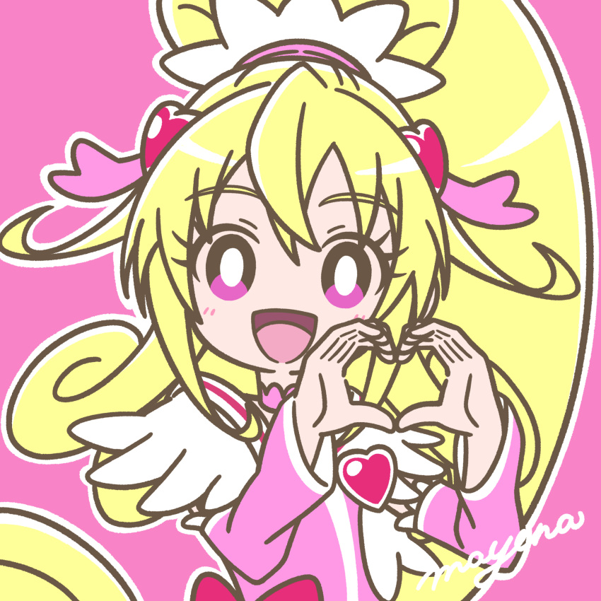1girl aida_mana blonde_hair blush bow bright_pupils brooch choker cure_heart detached_sleeves dokidoki!_precure eyelashes hair_ornament half_updo heart heart_brooch heart_hair_ornament heart_hands highres jewelry long_hair looking_at_viewer magical_girl mayena open_mouth outline pink_background pink_bow pink_choker pink_eyes pink_sleeves ponytail precure signature simple_background smile solo upper_body waist_bow white_outline white_pupils wide_ponytail