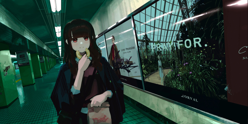 1girl ad bag blunt_bangs brown_hair closed_mouth coat coat_on_shoulders collared_shirt commentary doughnut dutch_angle eating food graffiti highres holding holding_bag indoors long_hair original orval red_eyes red_sweater shirt shoulder_bag sidelocks sleeves_past_elbows solo sweater symbol-only_commentary tile_floor tiles white_shirt