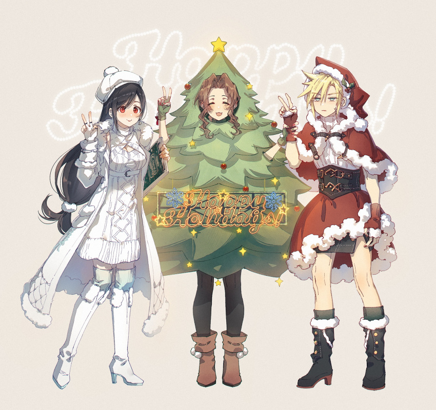 1boy 2girls aerith_gainsborough aerith_gainsborough_(cosplay) aerith_gainsborough_(fairy_of_snowfall) black_hair blonde_hair brown_hair capelet christmas_tree_costume cloud_strife cosplay costume_switch crossdressing final_fantasy final_fantasy_vii final_fantasy_vii_ever_crisis fur_capelet hat highres holding_another's_wrist kieta multiple_girls santa_hat skirt smile spiked_hair tifa_lockhart tifa_lockhart_(cosplay) tifa_lockhart_(fairy_of_the_holy_flame) v winter_clothes