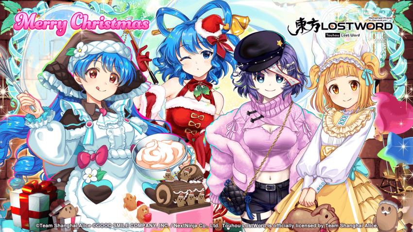 4girls apron aqua_bow bag balloon bare_shoulders bell belt black_belt black_headwear black_shorts blonde_hair blue_eyes blue_hair blunt_bangs blush bow bowl breasts brick_wall brown_headwear cake chocolate chocolate_cake choker christmas_present cleavage copyright_name dress drill_hair english_text flower food frilled_shirt frilled_skirt frilled_sleeves frills fruit fur-trimmed_dress fur-trimmed_gloves fur_trim gift gloves green_ribbon hagoromo hair_bow hair_ornament hair_rings hair_stick hairband handbag haniwa_(statue) haniyasushin_keiki hat hat_bow hat_ornament head_scarf heart_balloon heart_pouch holding holding_bowl holding_chisel holding_whisk holly jacket joutouguu_mayumi kaku_seiga lolita_hairband long_hair long_sleeves looking_at_viewer magatama medium_hair merry_christmas midriff mini_hat mini_santa_hat mixing_bowl miyako_yoshika multicolored_clothes multiple_girls navel off_shoulder official_art ofuda ofuda_on_head one_eye_closed parted_lips pink_jacket pink_scarf pink_shirt poinsettia puffy_long_sleeves puffy_sleeves purple_hair red_bow red_dress red_eyes red_gloves red_headwear ribbon rocking_horse rotte_(1109) santa_dress santa_hat scarf second-party_source shawl shirt short_hair shorts shoulder_bag shrug_(clothing) skirt sleeveless sleeveless_dress smile star_(symbol) star_balloon star_hat_ornament strawberry swiss_roll thigh_strap thighs tongue tongue_out touhou touhou_lost_word two_side_up v_arms whisk white_bow white_dress white_shirt yellow_bow yellow_eyes yellow_skirt