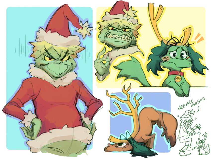 1boy bakugou_katsuki blonde_hair boku_no_hero_academia christmas closed_mouth commentary crossover english_commentary fake_antlers fur_trim habkart hat highres how_the_grinch_stole_christmas looking_at_viewer male_focus max_(how_the_grinch_stole_christmas) midoriya_izuku multiple_views red_eyes red_headwear santa_costume santa_hat short_hair smile spiked_hair the_grinch