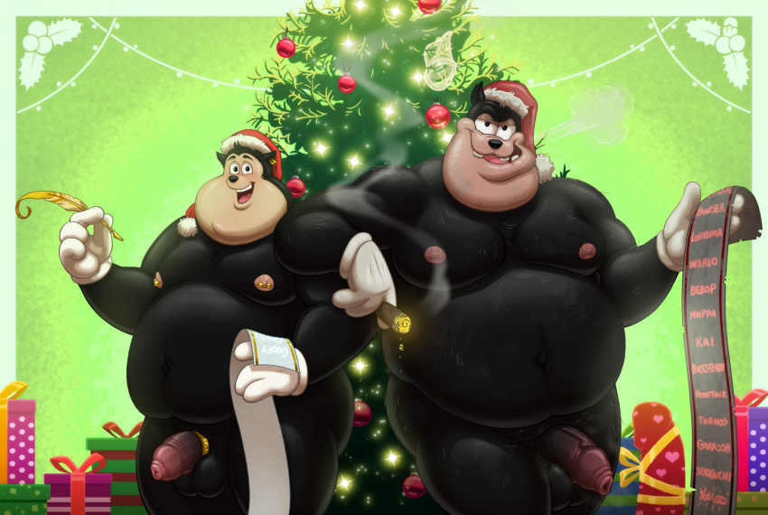 accessory balls belly big_belly black_body black_fur christmas christmas_clothing christmas_headwear christmas_ornament christmas_tree cigar clothing cock_ring condom digital_media_(artwork) disney domestic_cat duo ear_piercing ear_ring father_(lore) father_and_child_(lore) father_and_son_(lore) felid feline felis flaccid foreskin fur genitals gift goof_troop hat hat_only headgear headgear_only headwear headwear_only hi_res holidays humanoid_genitalia humanoid_penis jewelry looking_at_viewer lovkuma male male/male mammal moobs mostly_nude nipple_piercing nipples nude open_mouth ornament overweight overweight_male parent_(lore) parent_and_child_(lore) parent_and_son_(lore) penis penis_accessory penis_jewelry peter_pete_sr. piercing pj_(goof_troop) plant ring_piercing santa_hat sexual_barrier_device smile smoke smoking son_(lore) tree