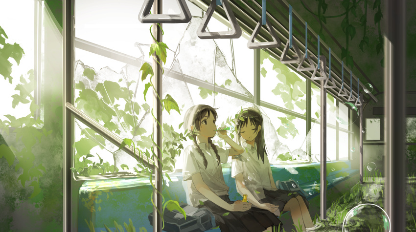 2girls absurdres backlighting black_skirt broken_glass bubble glass highres multiple_girls original plant ruins school_uniform skirt soap_bubbles train_interior uniform yoru_410